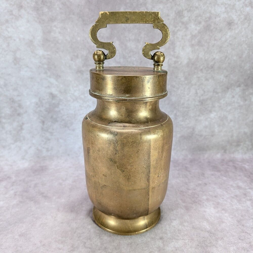 Antique Brass Screw Top Tea Tobacco Spice Canister Jar w Handle Vintage
